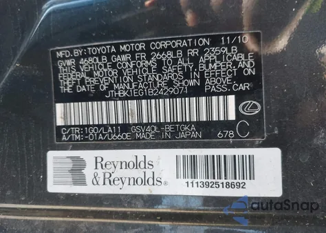 2011 Lexus Es 350 from USA, damaged, VIN JTHBK1EG1B2429071